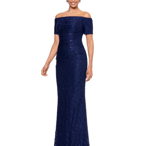 Xscape Petite Off-the-Shoulder Lace Evening Gown – Navy – Size 10P NWT - Picture 2 of 5